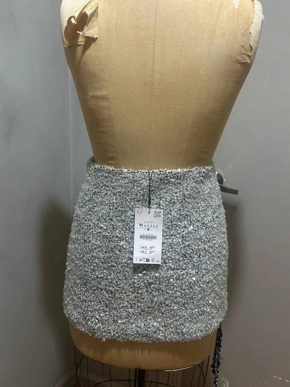 Zara Tweed Metallic Silver-Blend Sweater and Skirt Set